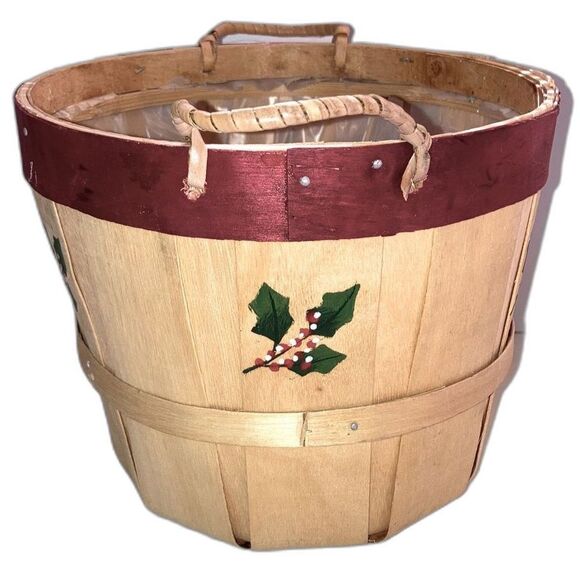 BUSHEL BASKET Small Apple Basket with Handles Holiday Holly - Picture 2 of 9